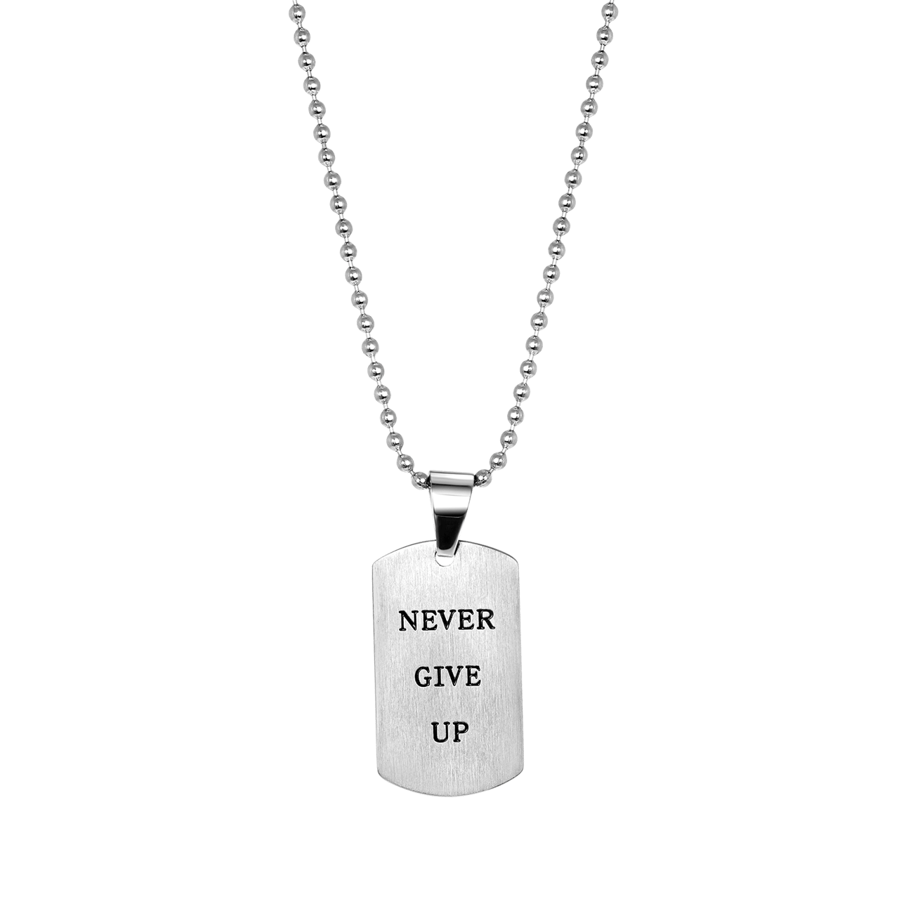 Halskette und Gravuranhänger aus mattem Edelstahl, „Never give up"