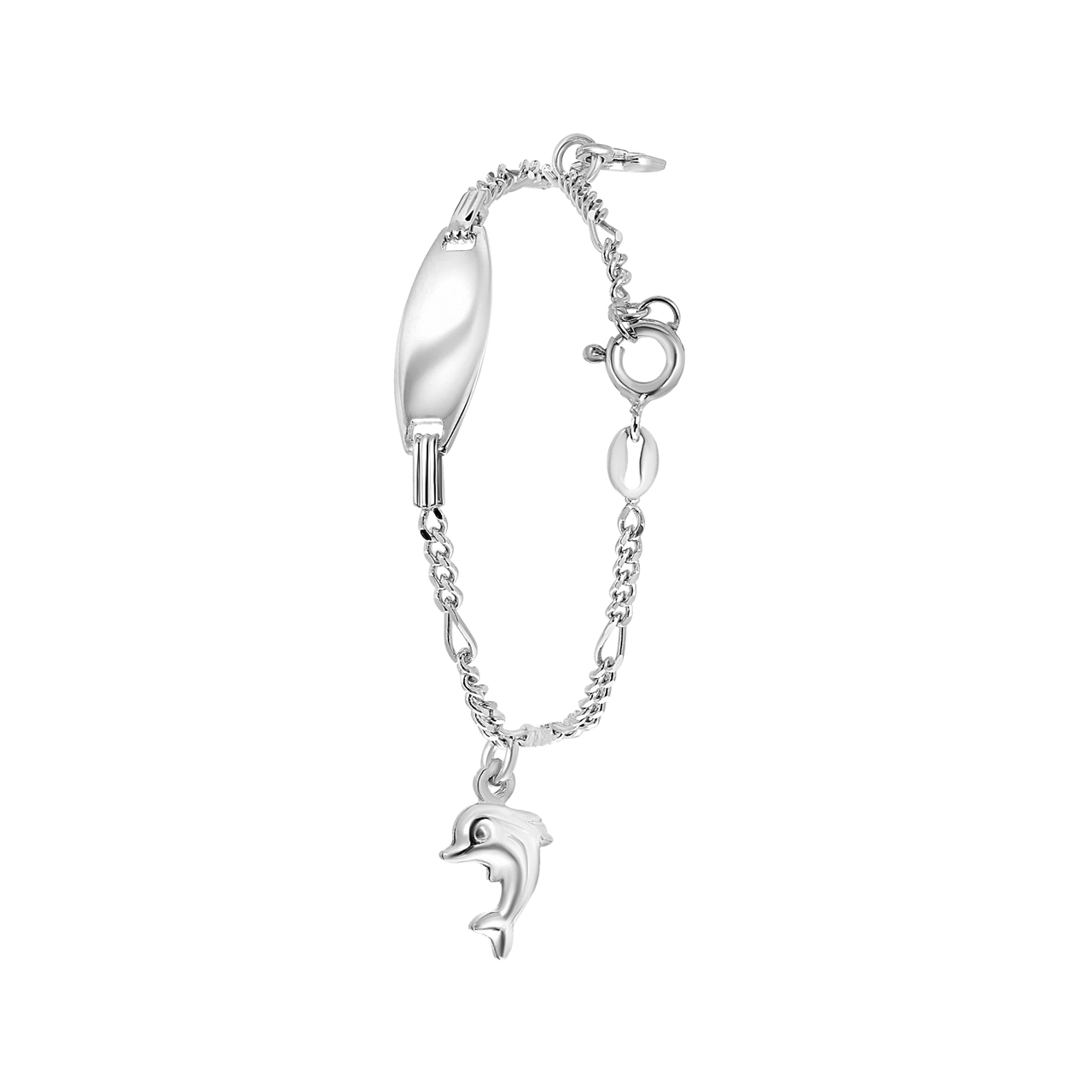 Silbernes Kinderarmband mit Gravurplättchen und Delphin-Anhänger