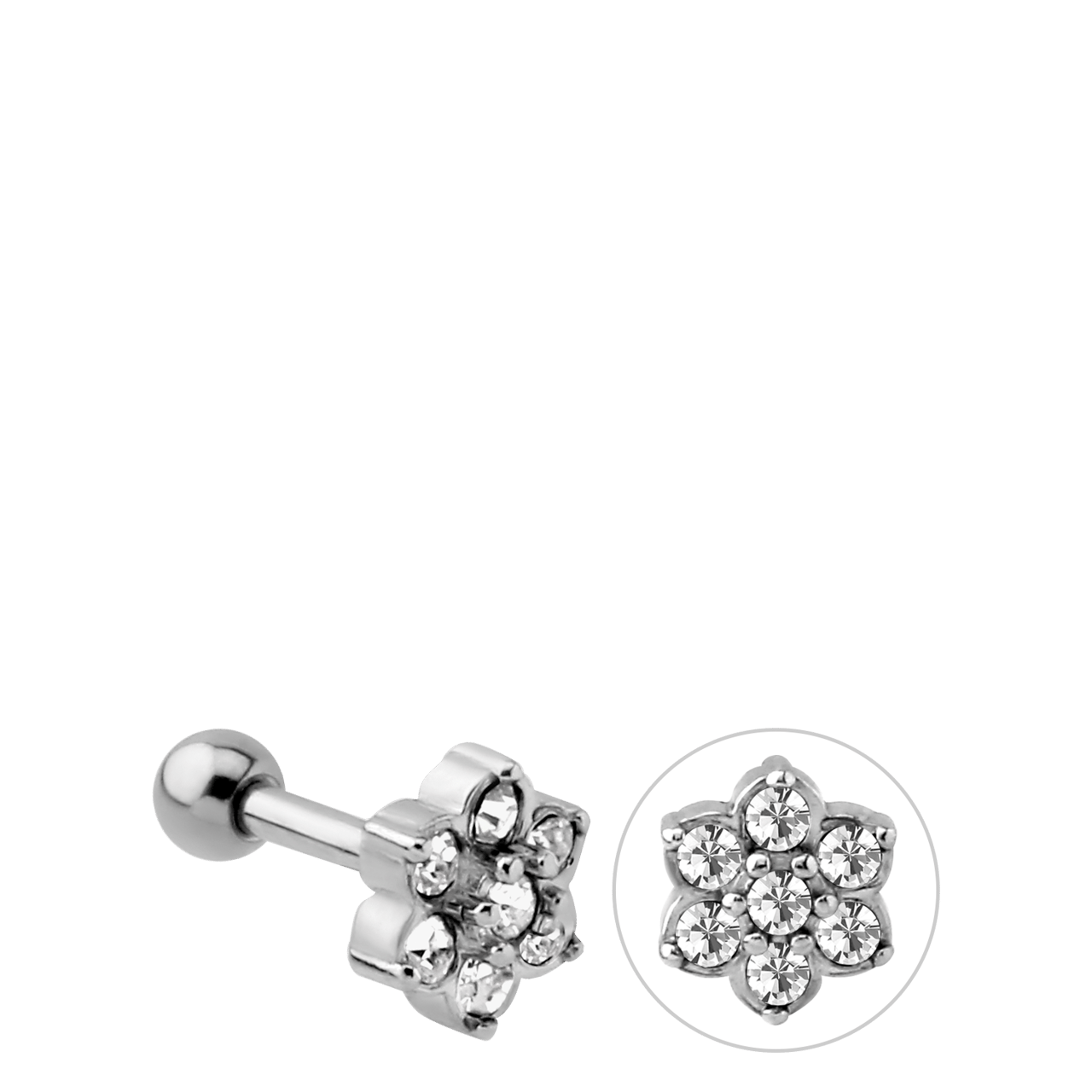 Stainless steel traguspiercing bloem met kristal