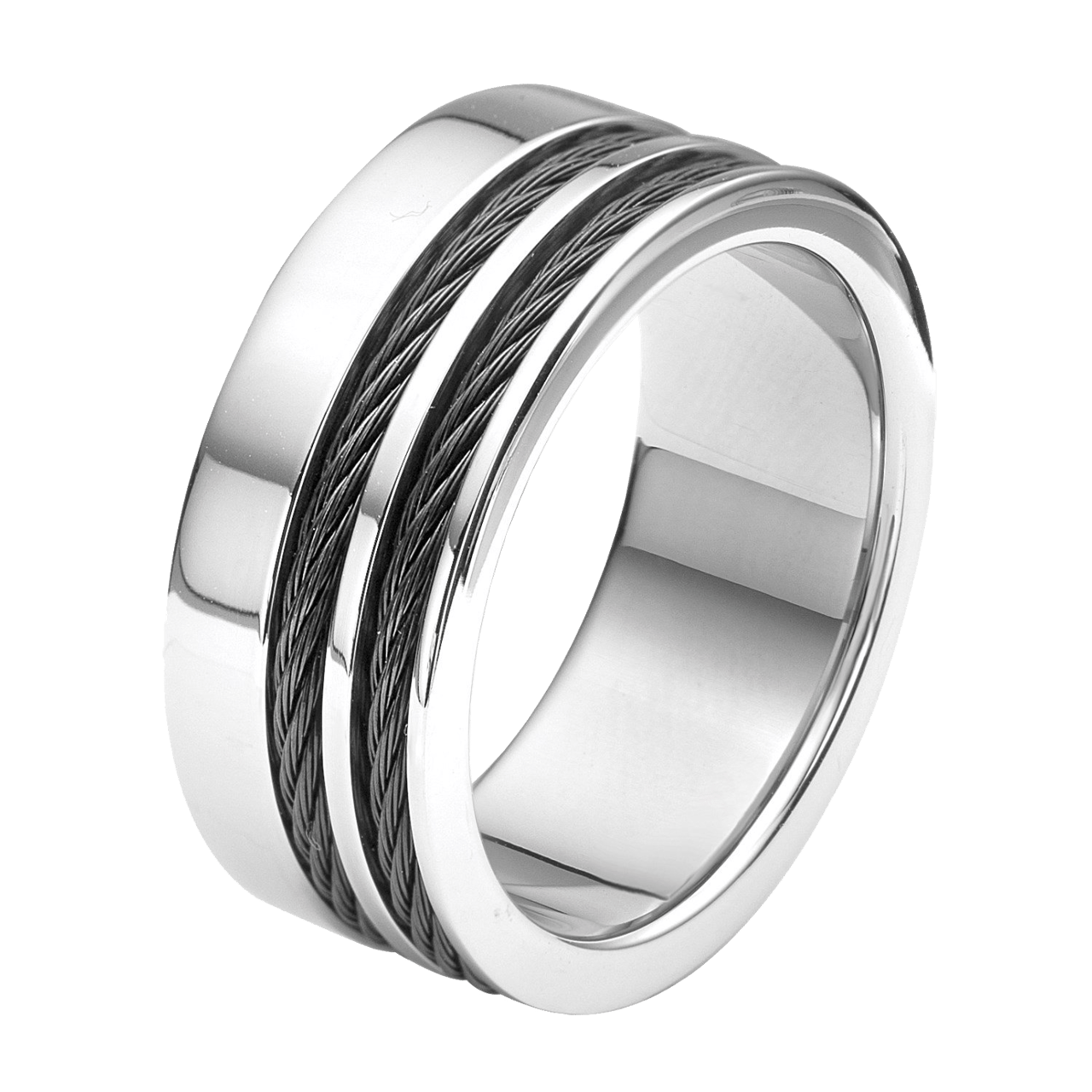 Gerecycleerd stalen heren ring met zwarte kabels