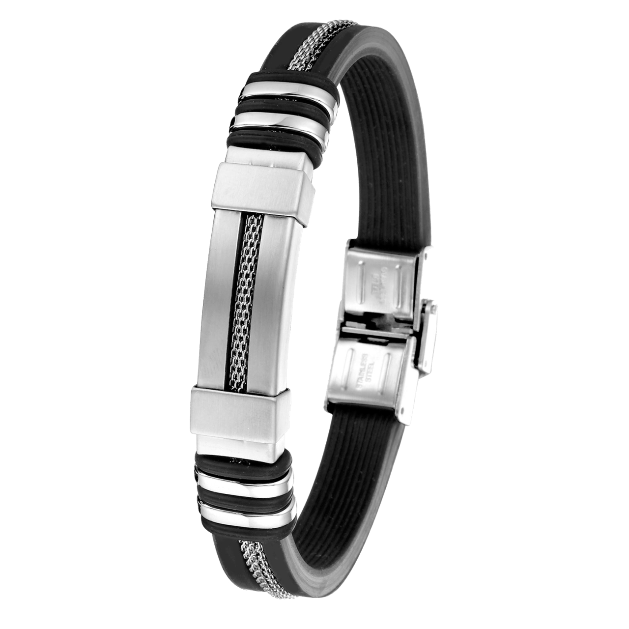 Gerecycleerd stainless steel herenarmband met zwart silliconen