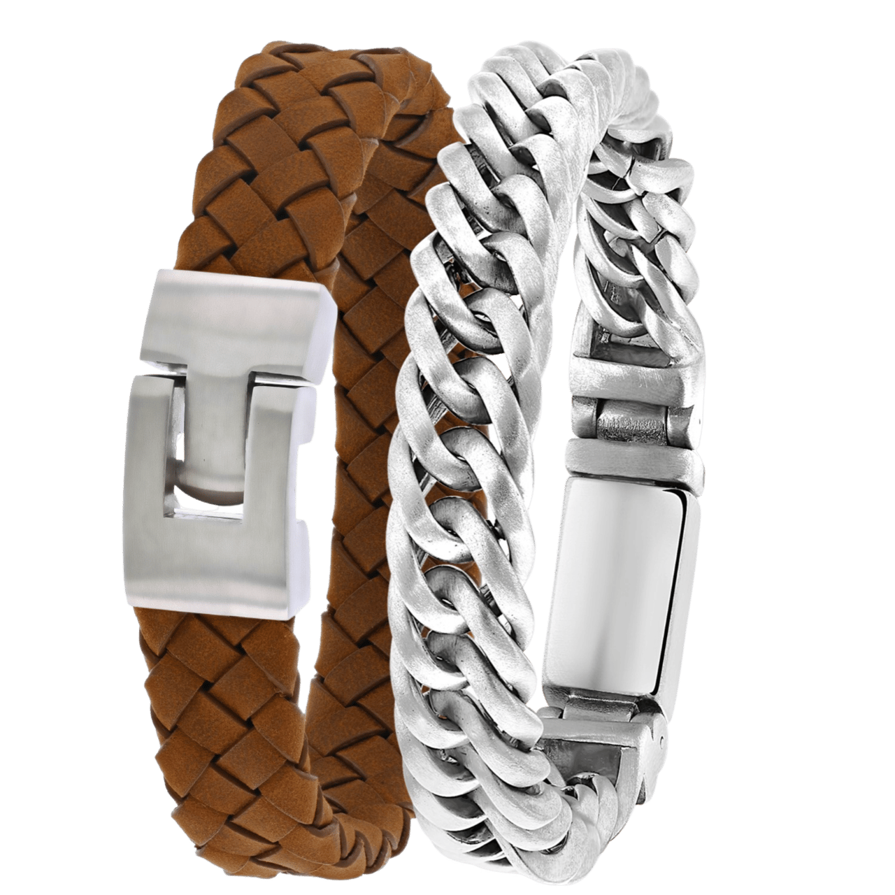 Stainless steel set met licht bruin leer