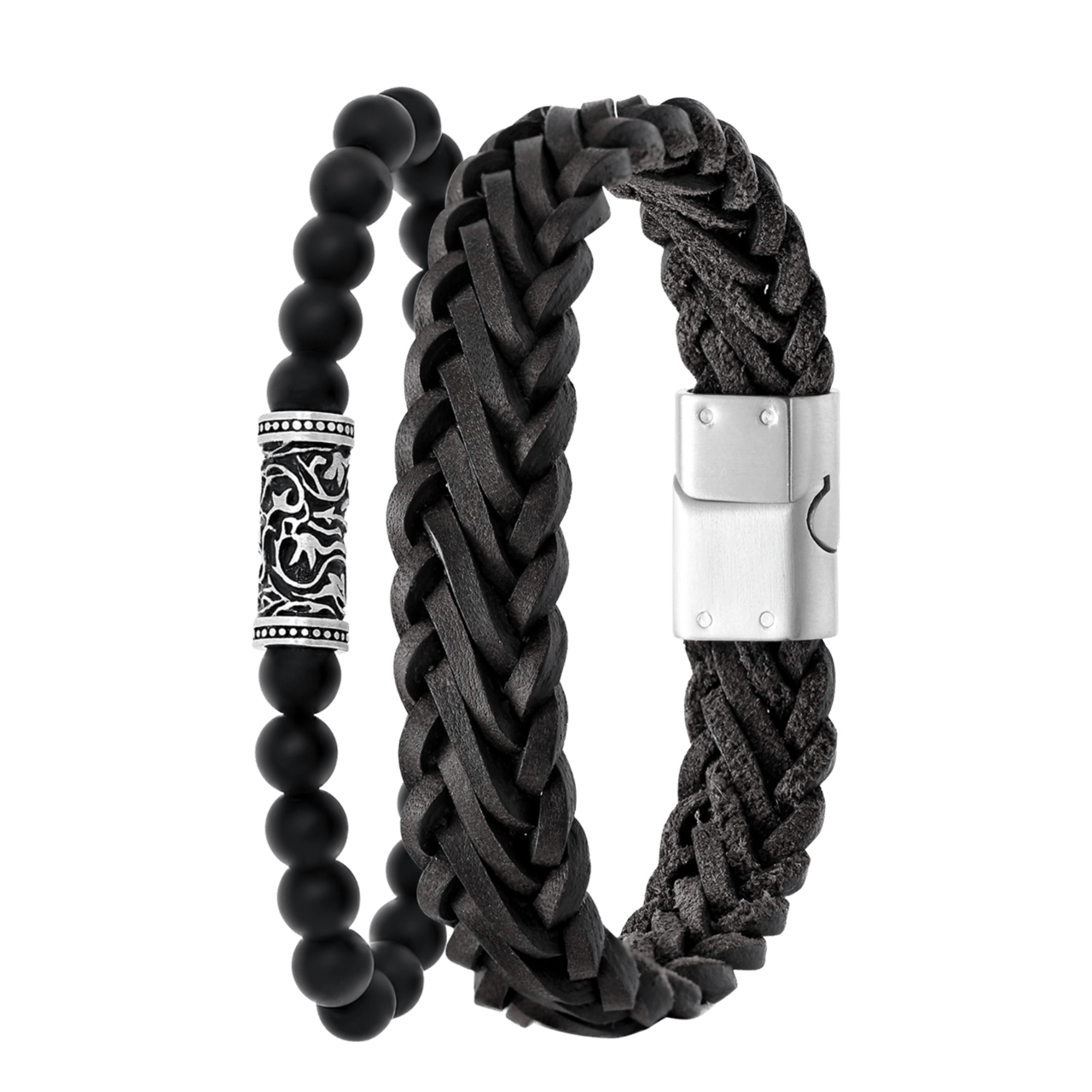 Stainless steel set met zwart leer&agate