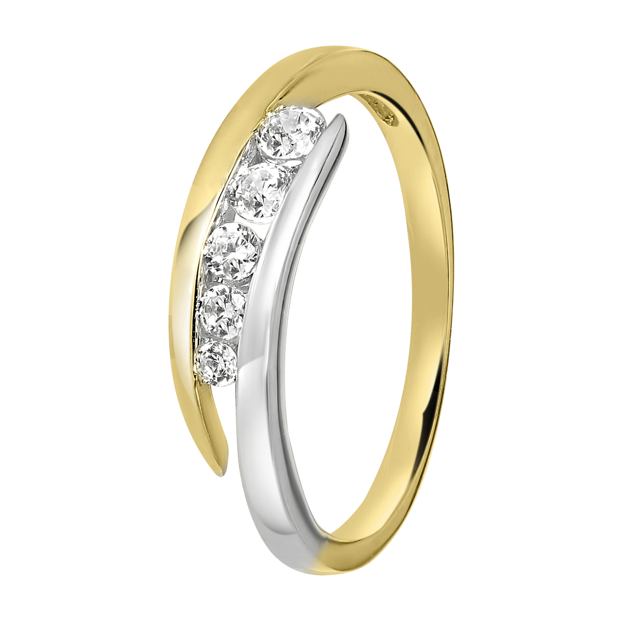 14 Karaat gouden bicolor ring met 5 zirkonia