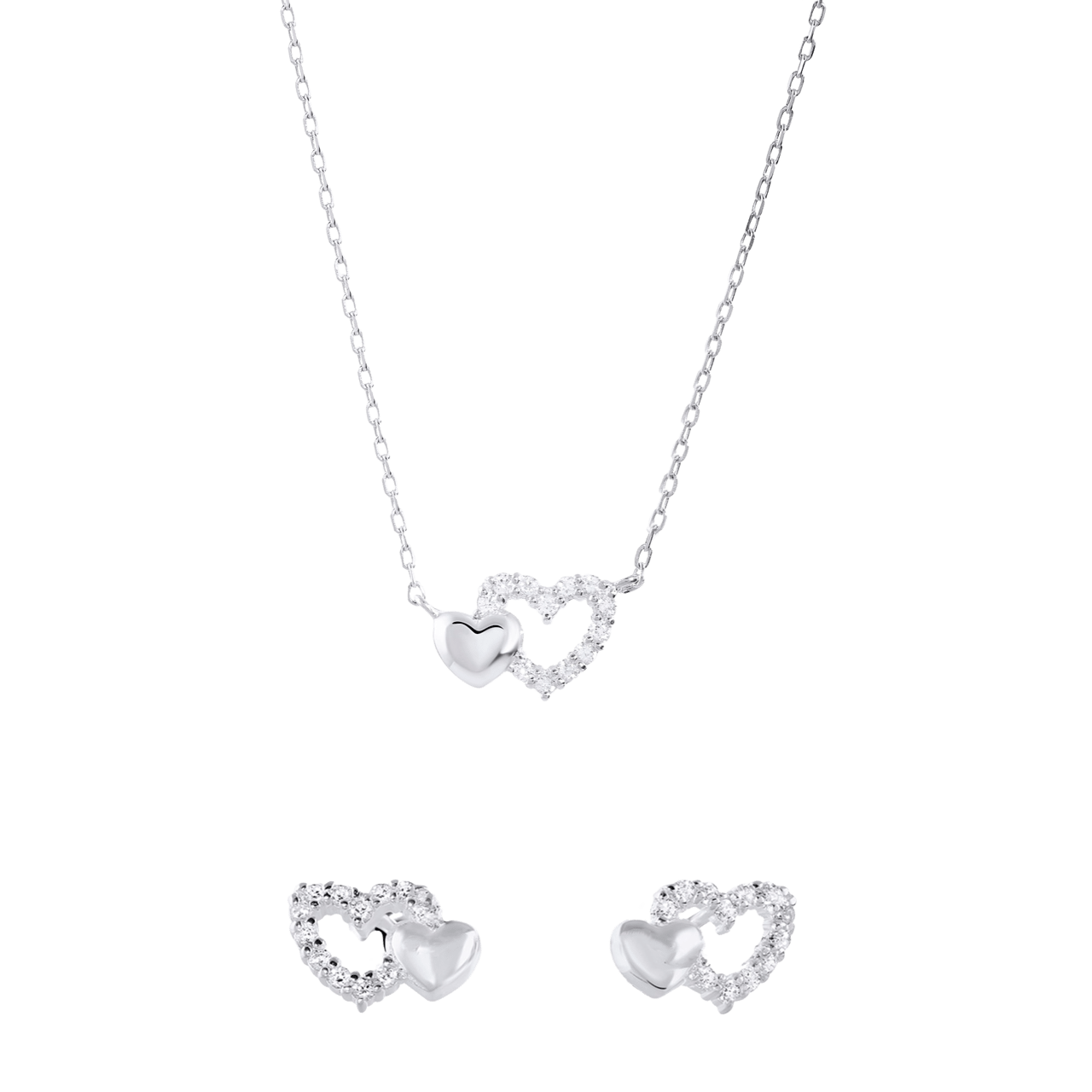 Zilveren sieradenset met een ketting en oorbellen hart met zirkonia