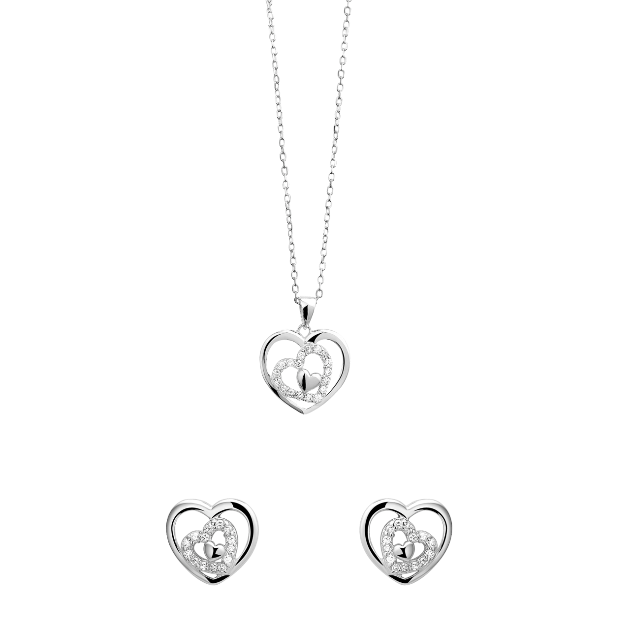 Set mit Halskette und Ohrringen aus 925 Silber, Herzen mit Zirkonia