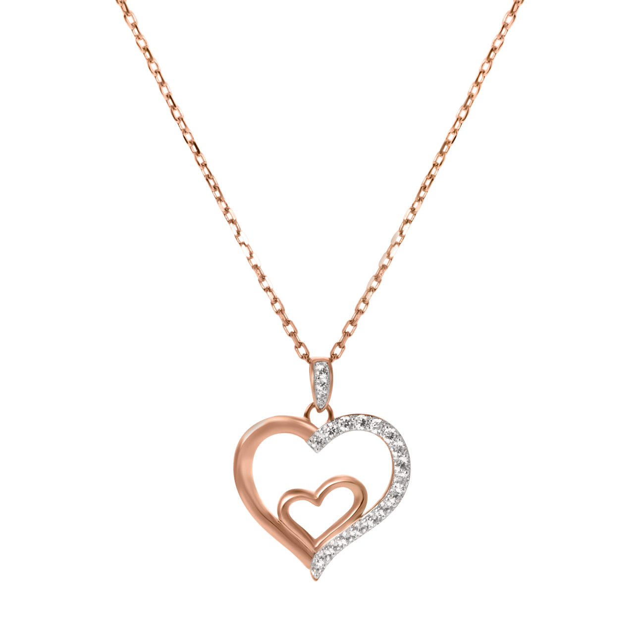 Zilveren ketting&hanger rose 2harten zirkonia