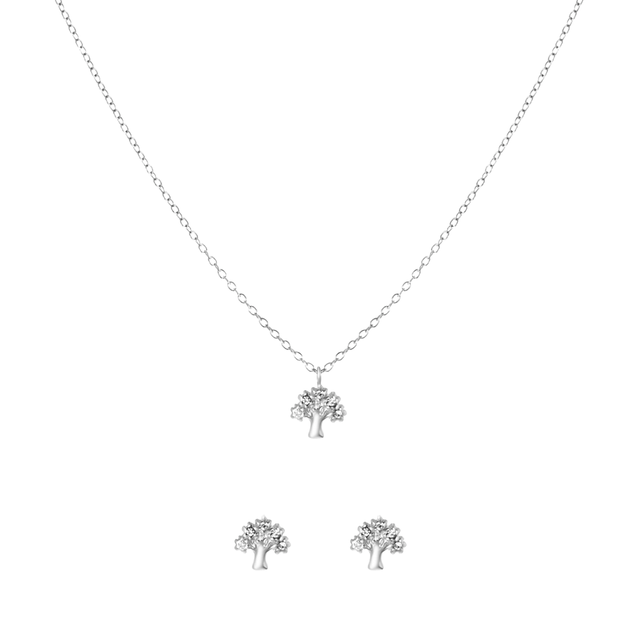Zilveren set ketting&oorbellen levensboom kristal