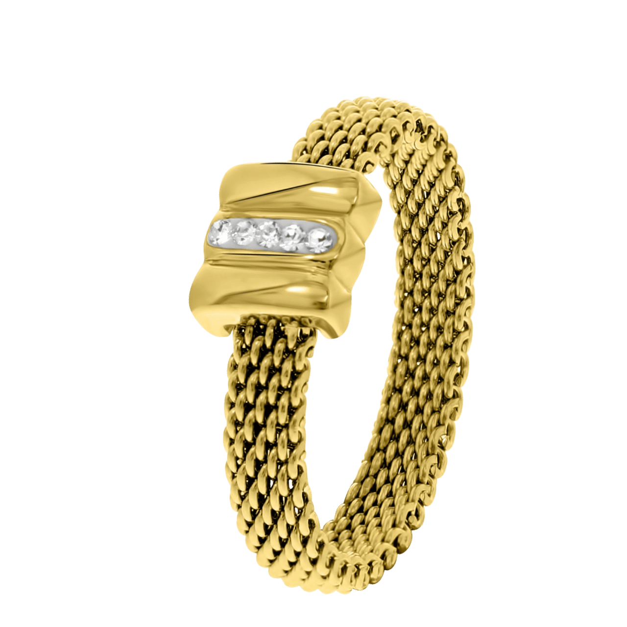 Gerecycleerd stainless steel ring mesh goldplated met kristal