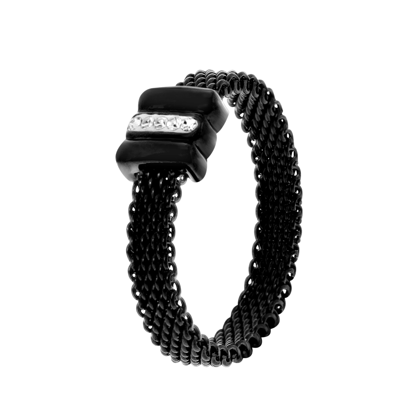 Gerecycleerd stainless steel ring mesh blackplated met kristal