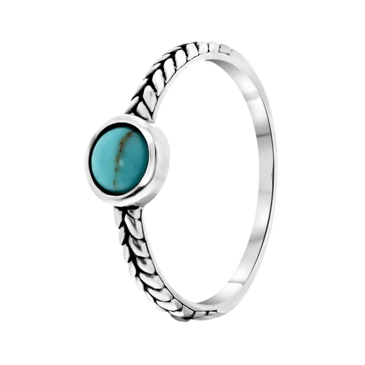 Zilveren ring turquoise rond bewerkt Bali