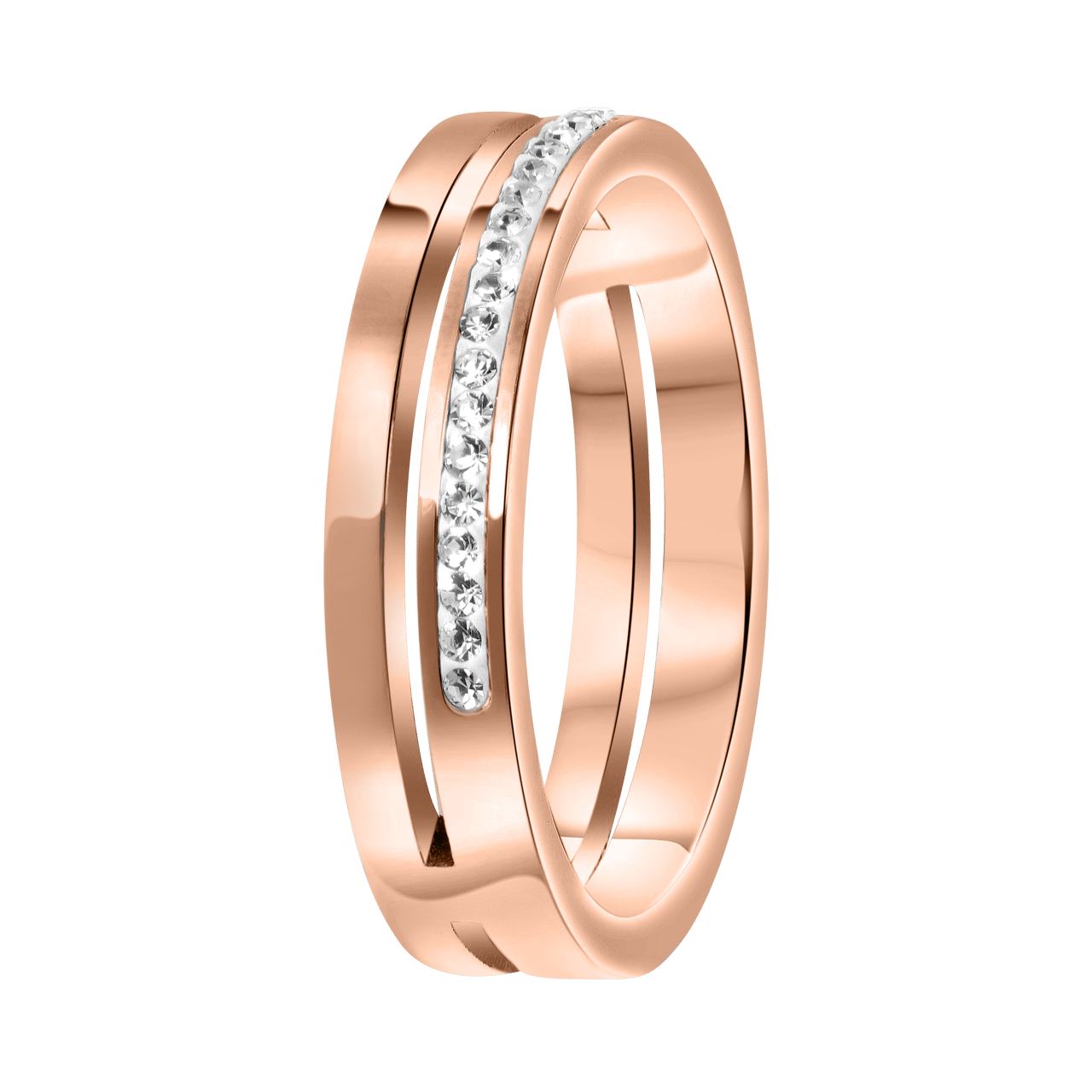 Gerecycleerd stainless steel ring roseplated 2rij met kristal