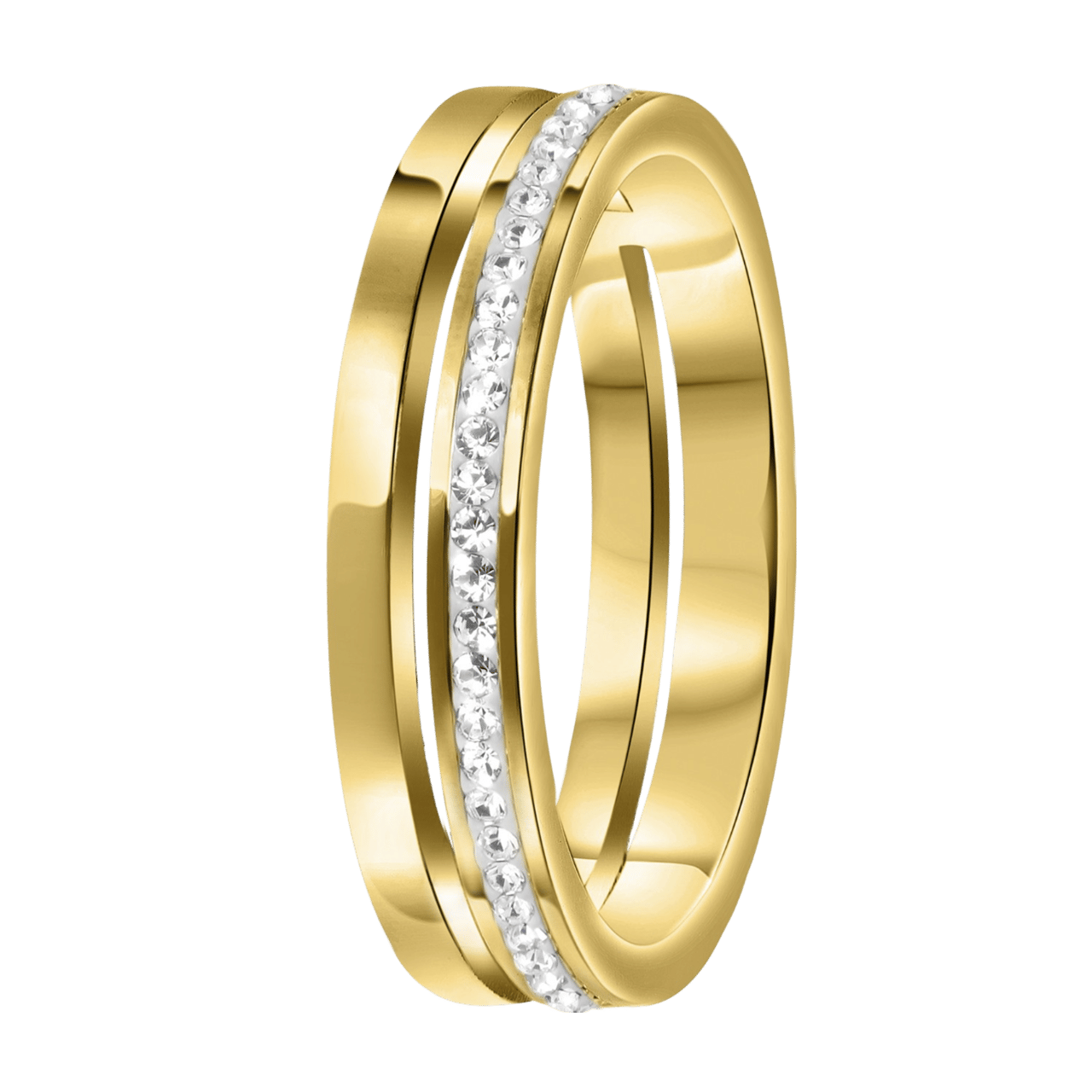 Gerecycleerd stainless steel ring goldplated 2rij met kristal