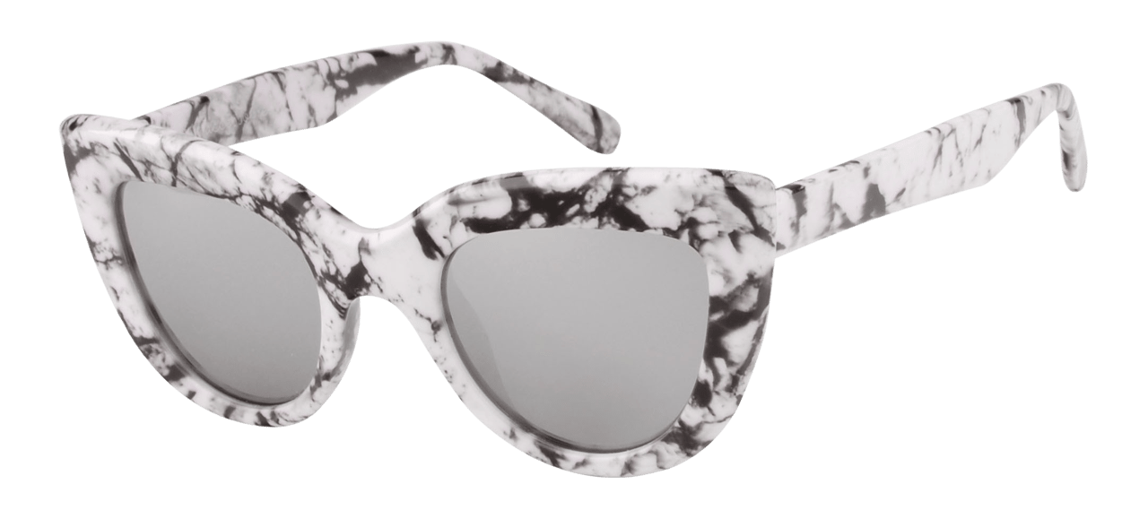 Sonnenbrille mit marmoriertem Muster und silberfarbenen Gläsern