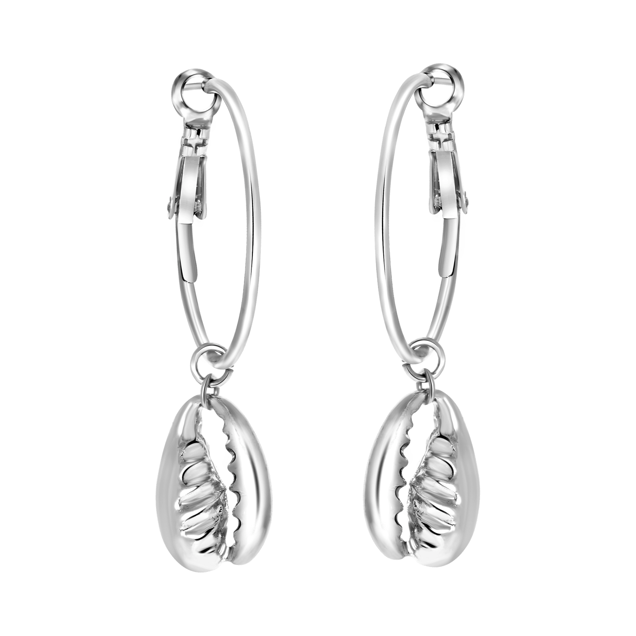 Zilverkleurige byoux oorbellen met hanger schelp