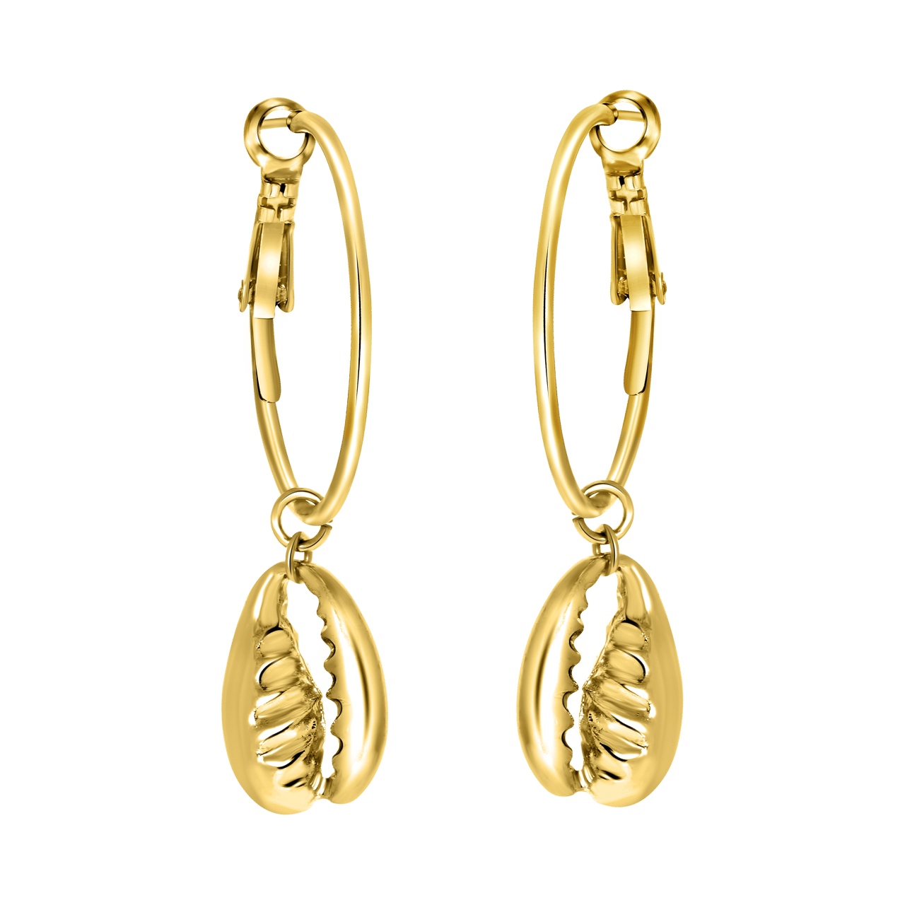 Goudkleurige byoux oorbellen met hanger schelp