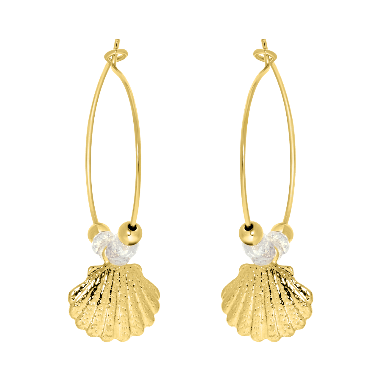 Goudkleurige byoux oorbellen met hanger schelp