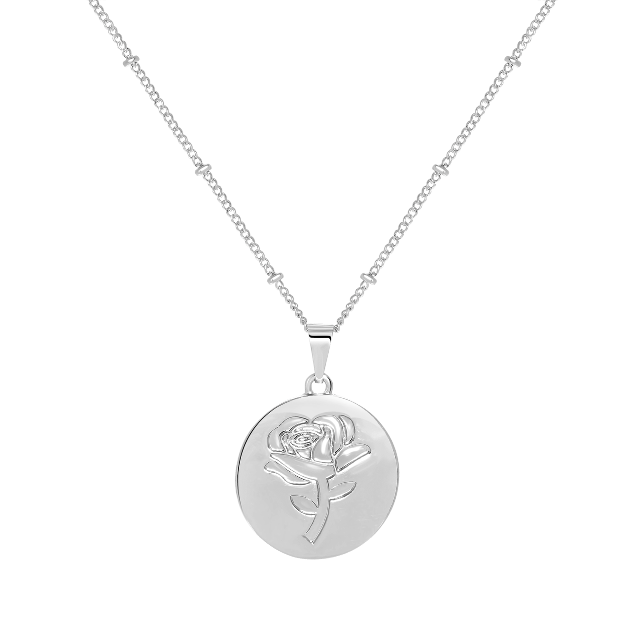 Zilverkleurige byoux ketting met munt roos