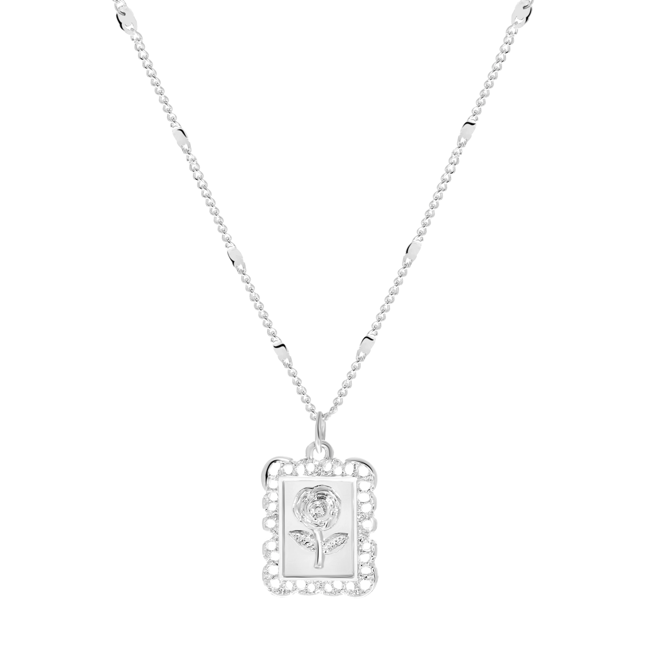 Zilverkleurige byoux ketting met hanger roos