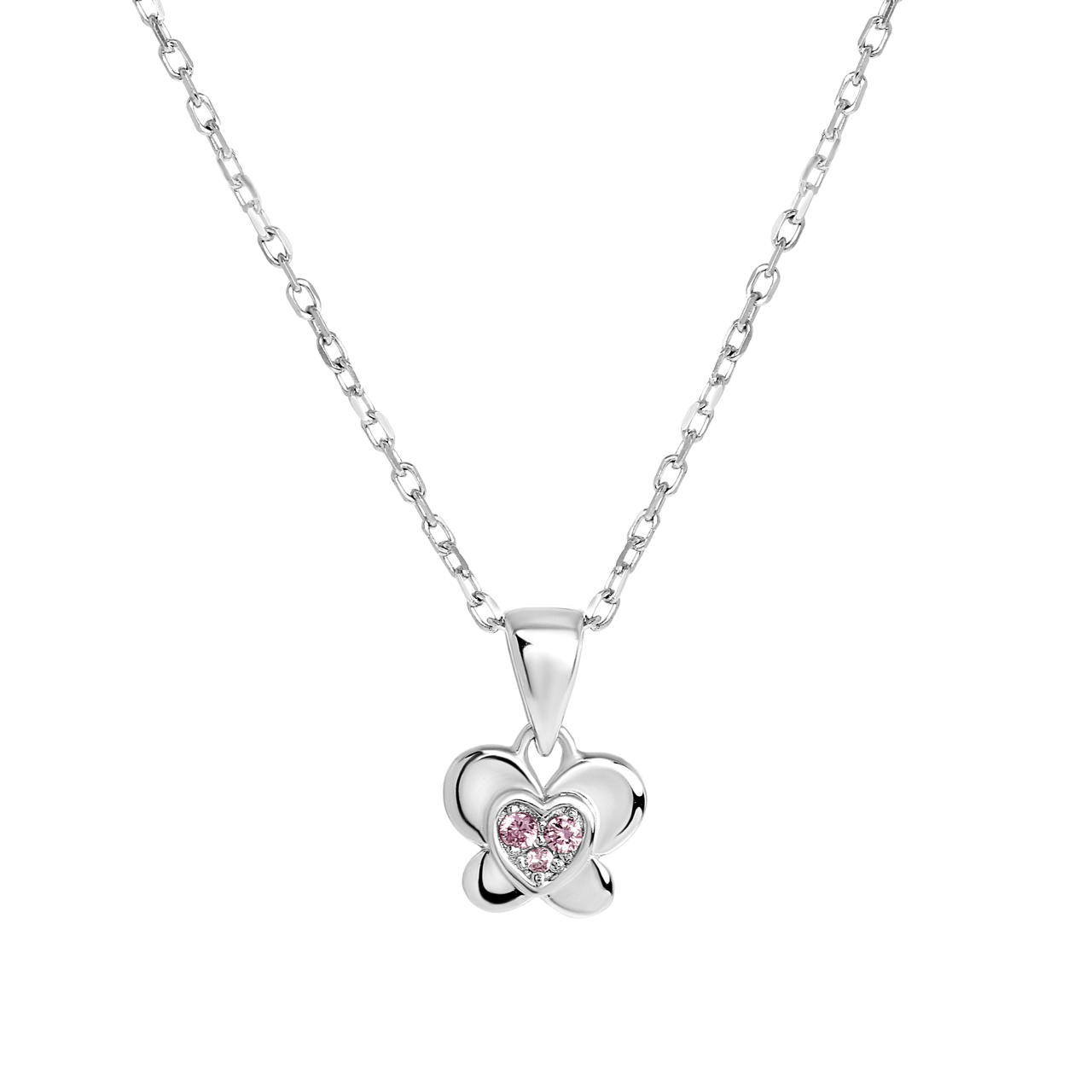 Zilveren kinderketting vlinder met roze zirkonia