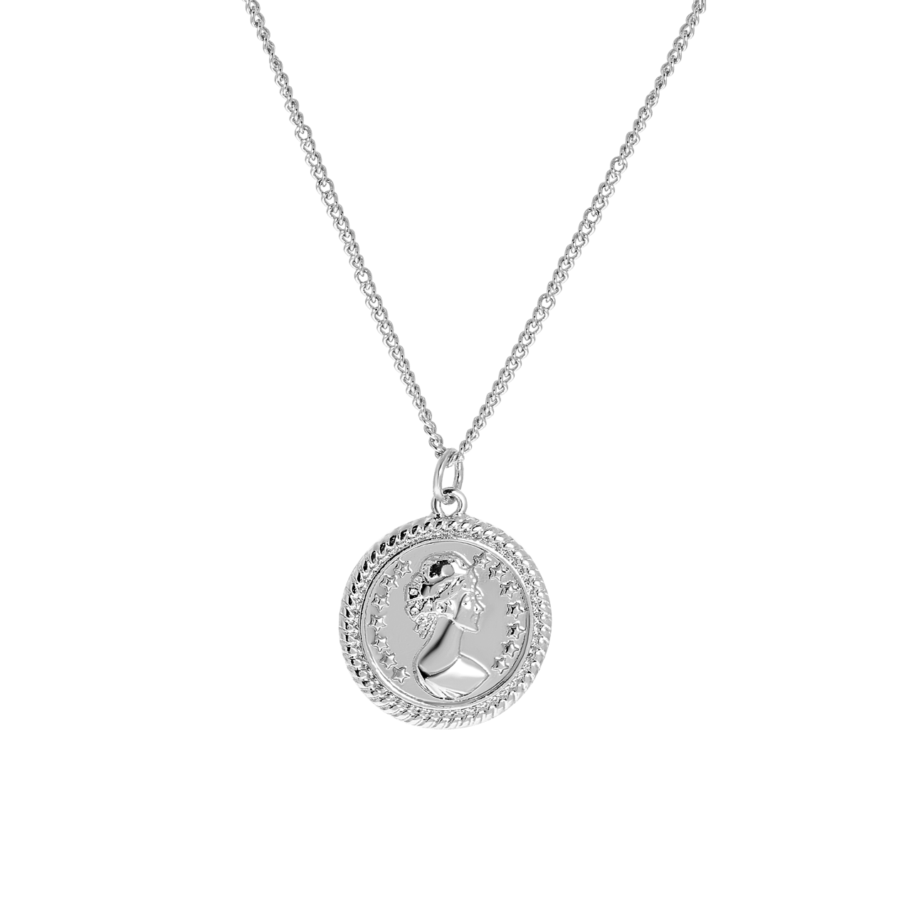 Zilverkleurige byoux ketting met munthanger vrouw