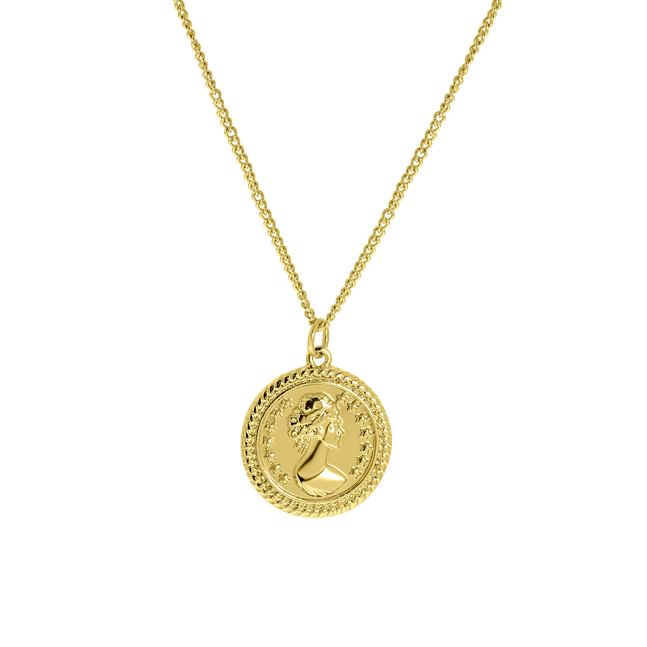 Goudkleurige byoux ketting met munthanger vrouw