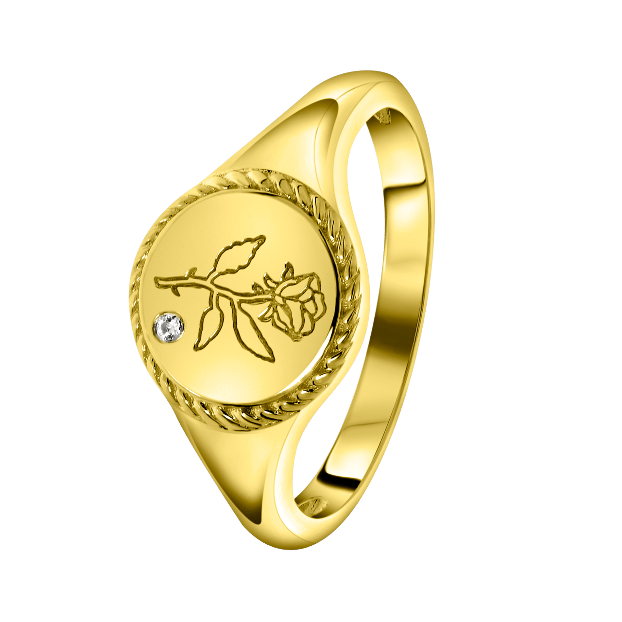 Zilveren zegelring gold roos met zirkonia