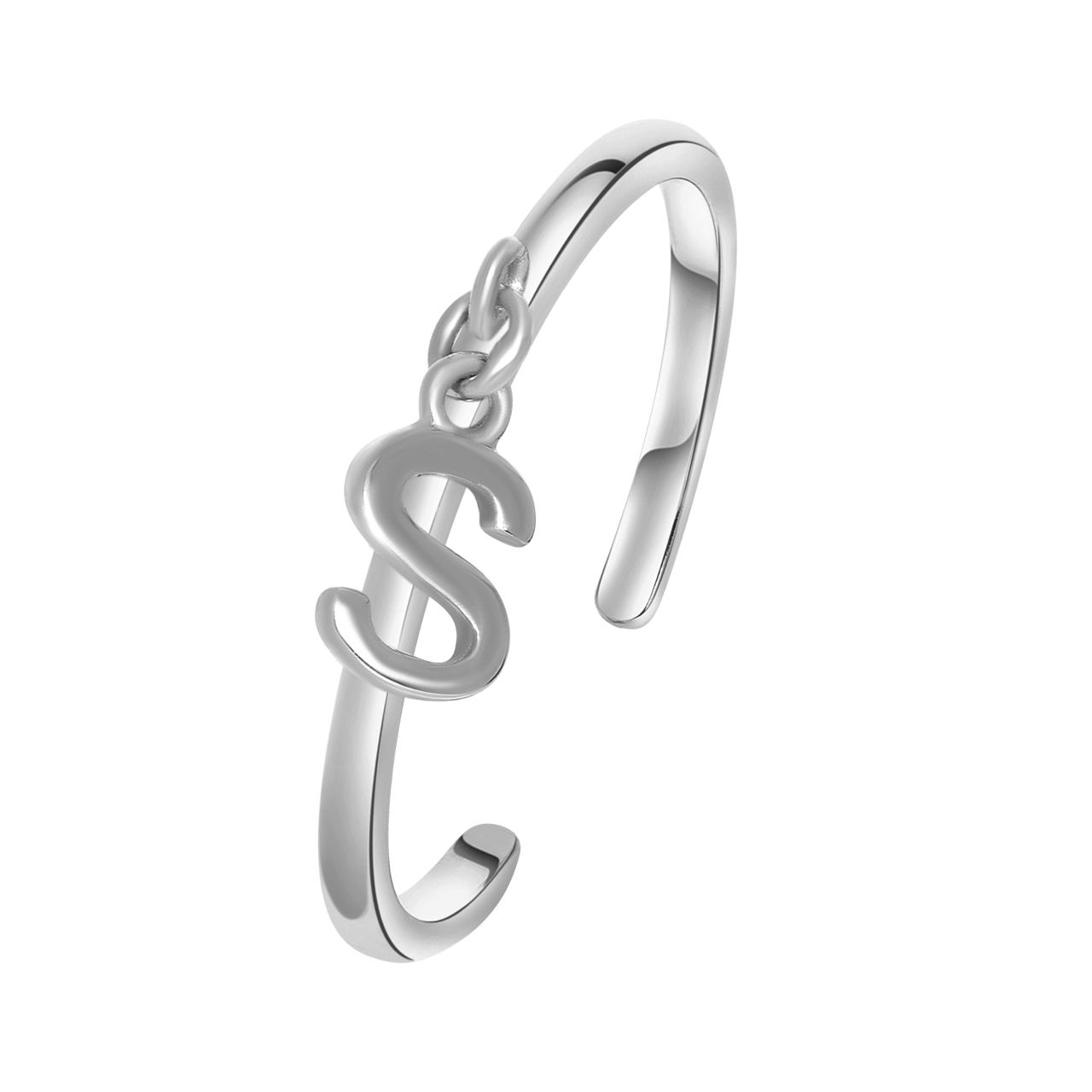 Zilveren ring met bedel alfabet