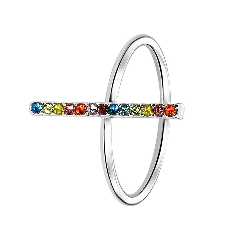 Zilverkleurige byoux ring met gekleurde steentjes