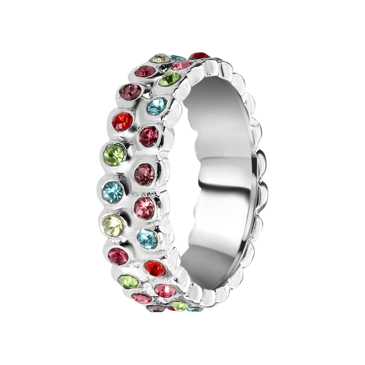 Zilverkleurige byoux ring met gekleurde steentjes