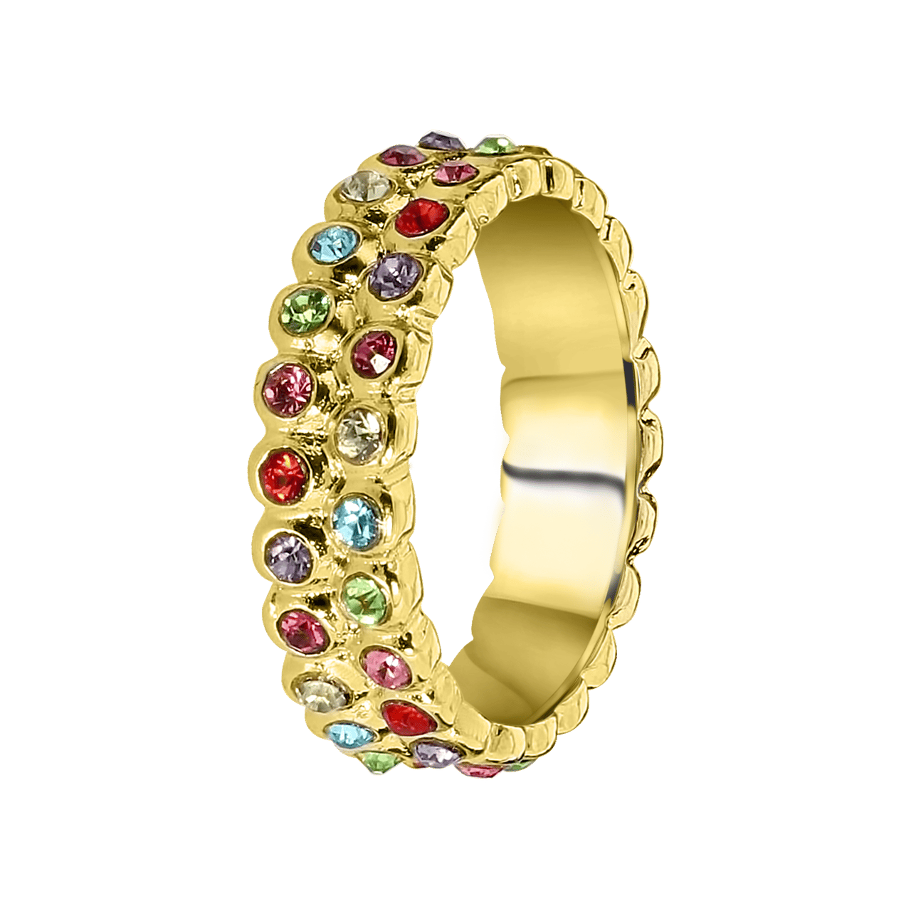 Goudkleurige byoux ring met gekleurde steentjes
