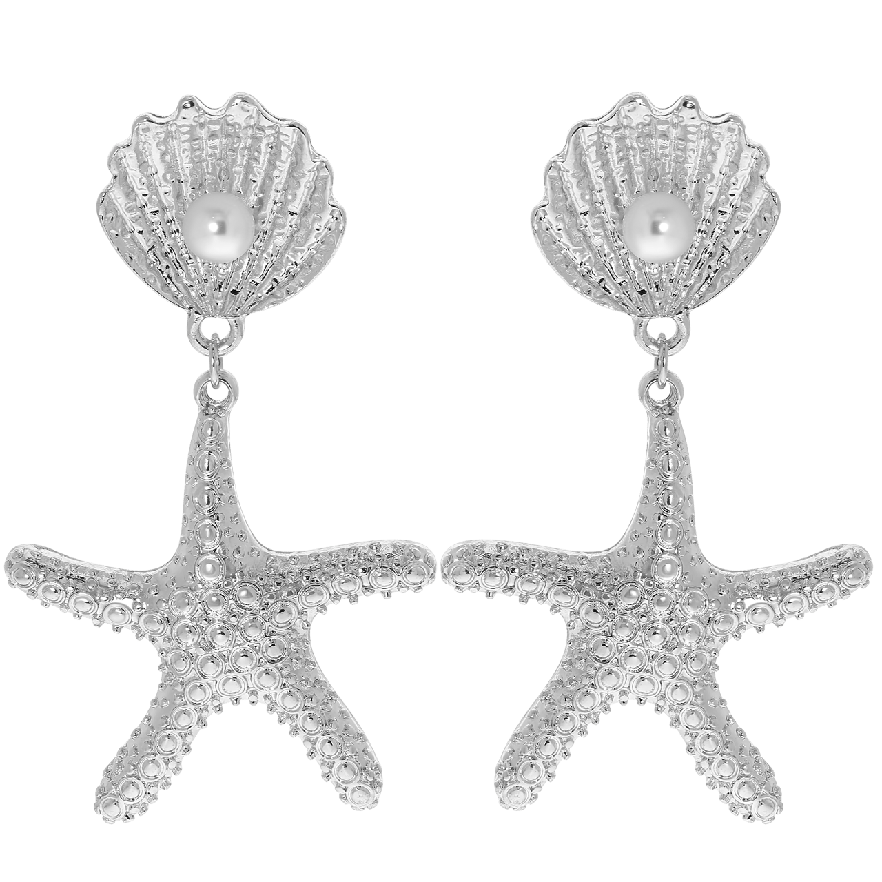 Zilverkleurige byoux oorbellen zeester met parel