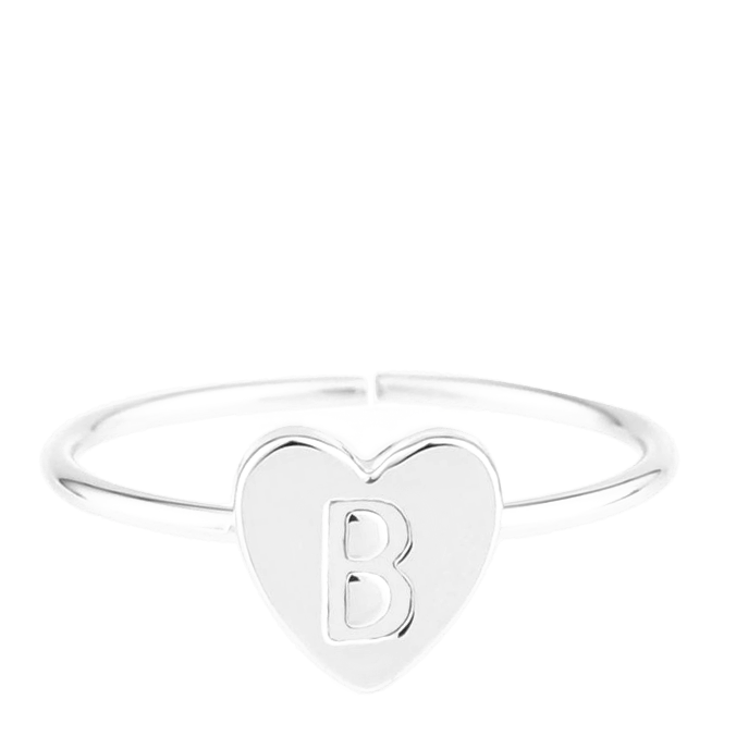 Zilverkleurige bijoux ring met hart initiaal