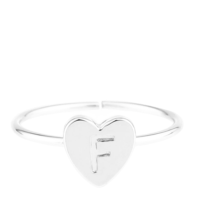Zilverkleurige bijoux ring met hart initiaal