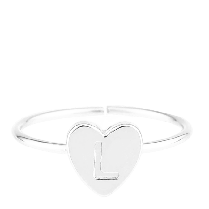 Zilverkleurige bijoux ring met hart initiaal