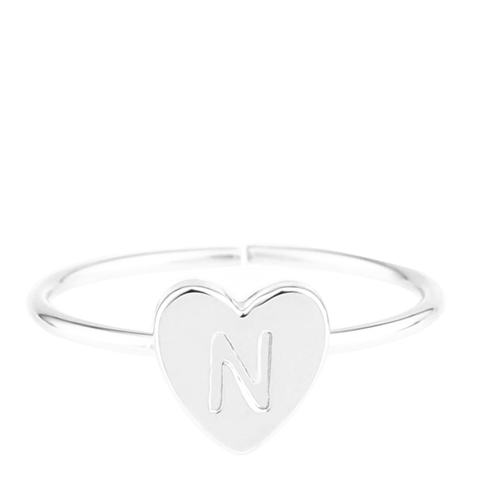 Zilverkleurige bijoux ring met hart initiaal