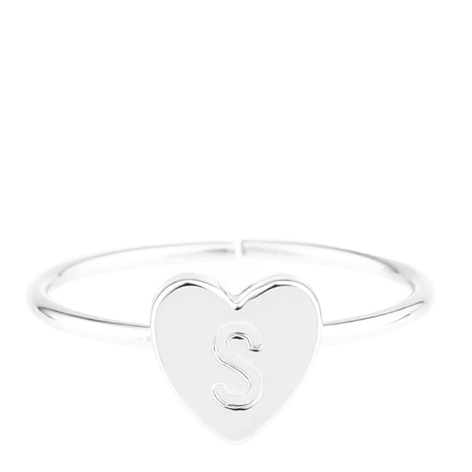 Zilverkleurige bijoux ring met hart initiaal