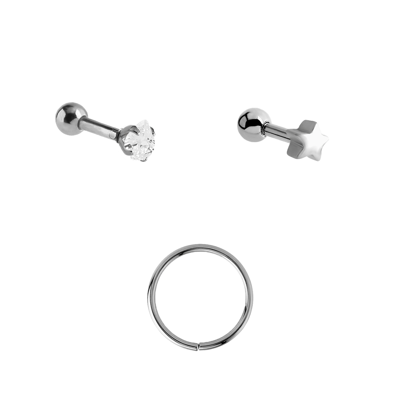 Tragus-Piercing-Set aus Edelstahl, Kristall/Stern der Galaxis/glatt