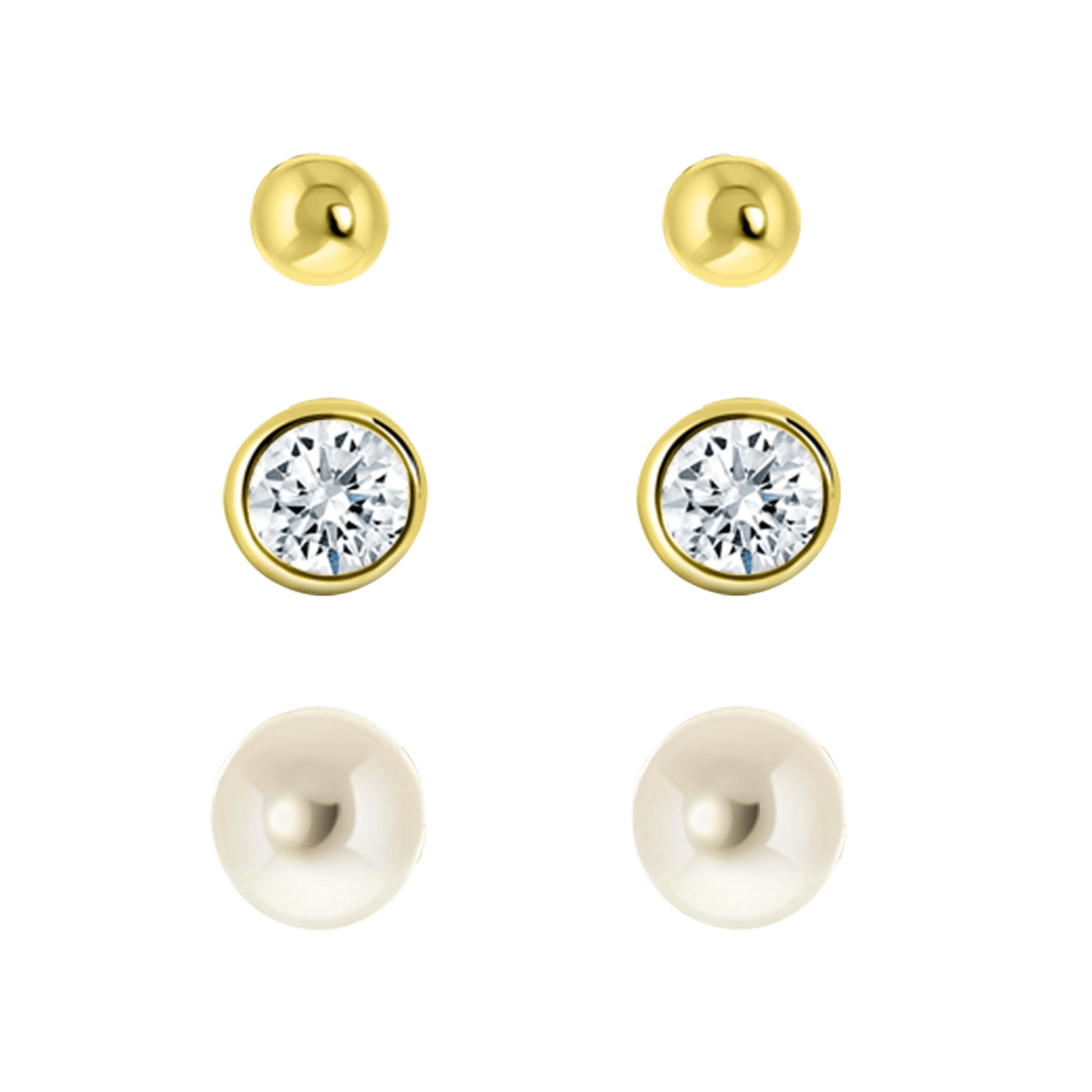 Ohrringe-Set, 3 Stück, 585 Gold, Zirkonia und Perle