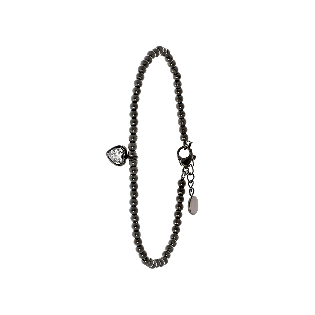 Armband aus Edelstahl, schwarz, Kugelkette/Herz, weißer Kristall