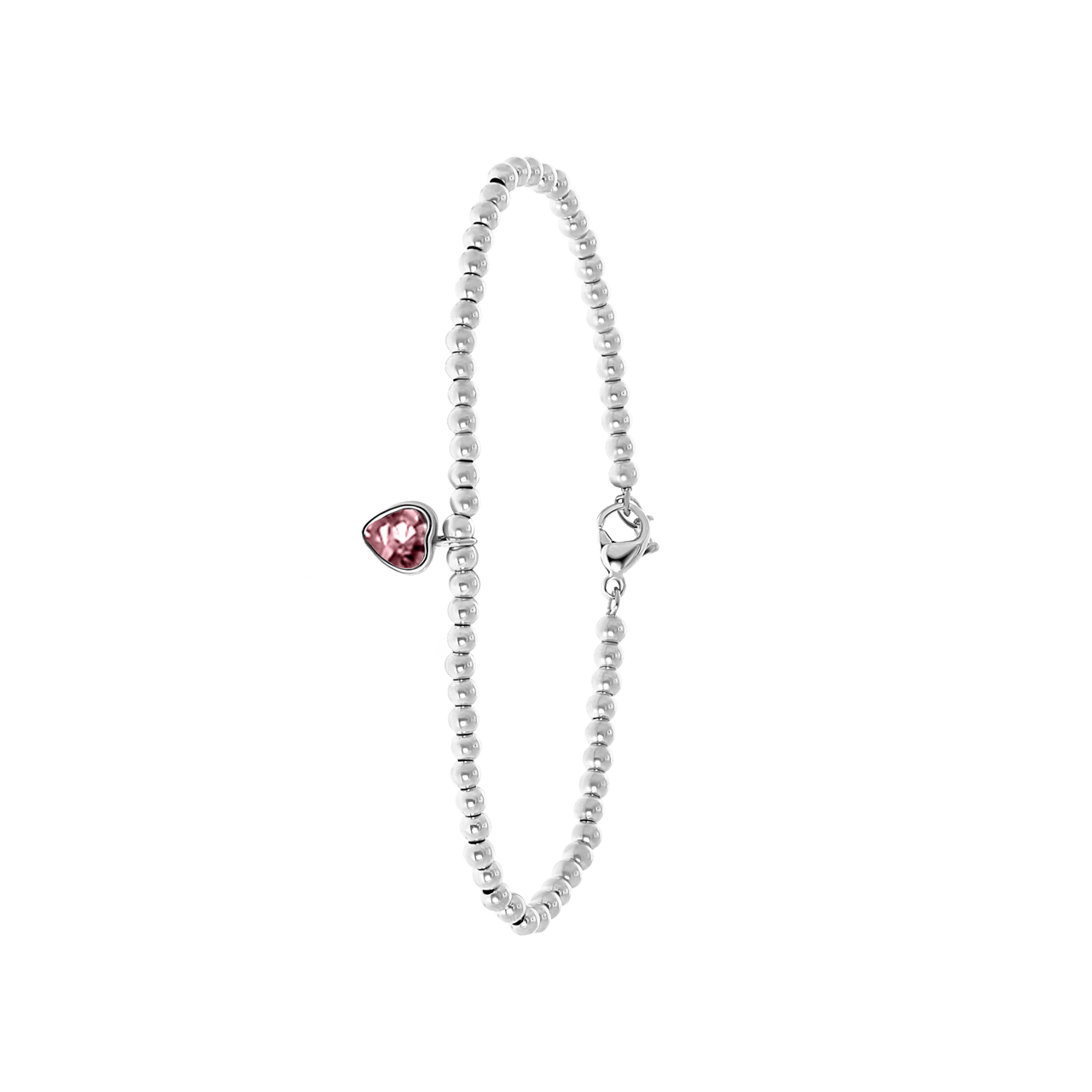 Gerecycled stainless steel armband bol/hart licht roze kristal