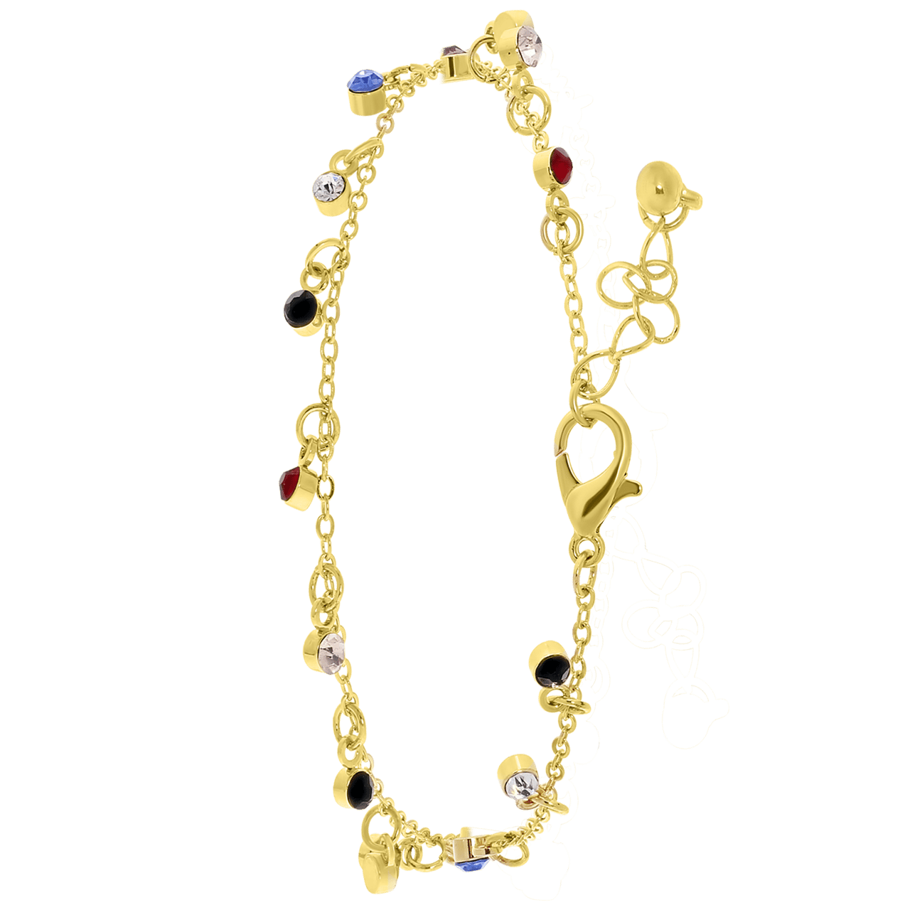 Goudkleurige byoux enkelband met kleur steentjes