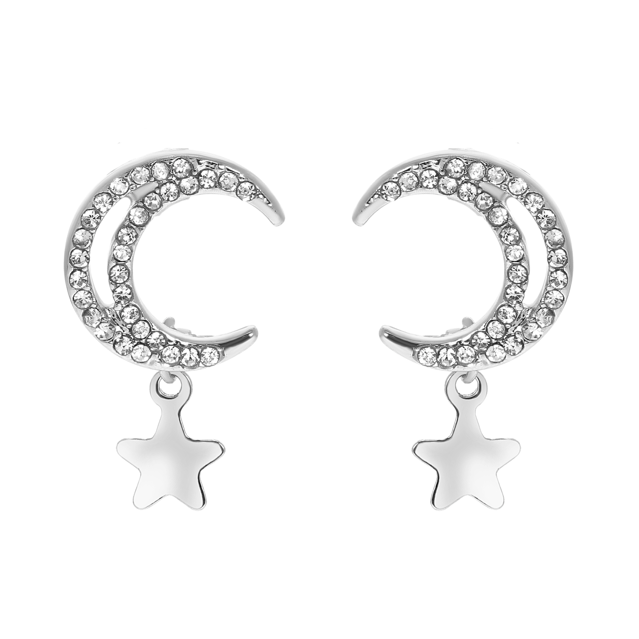 Bijoux zilverkleurige oorknoppen maan en ster voor dames