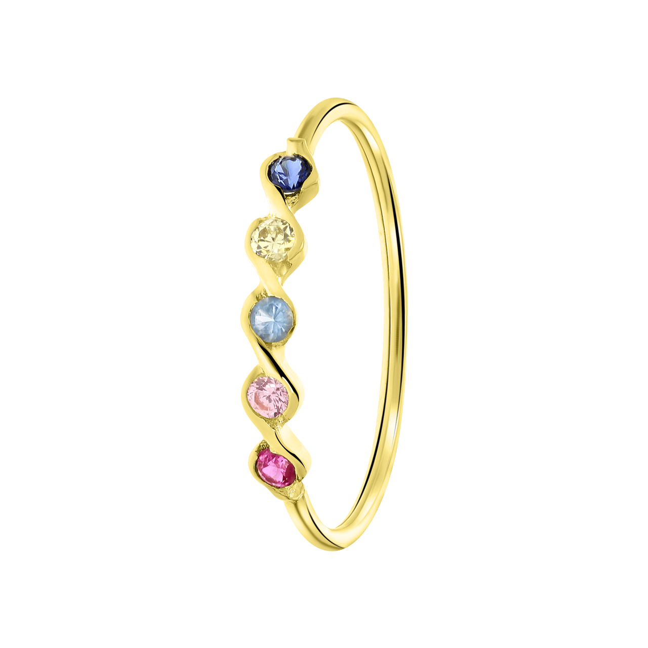 14 karaat geelgouden ring 5 multicolor zirkonia's