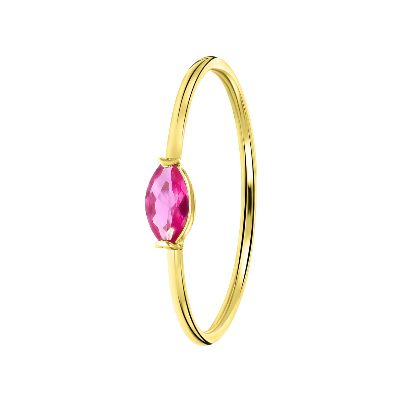 14 karaat geelgouden ring markies fuchsia zirkonia