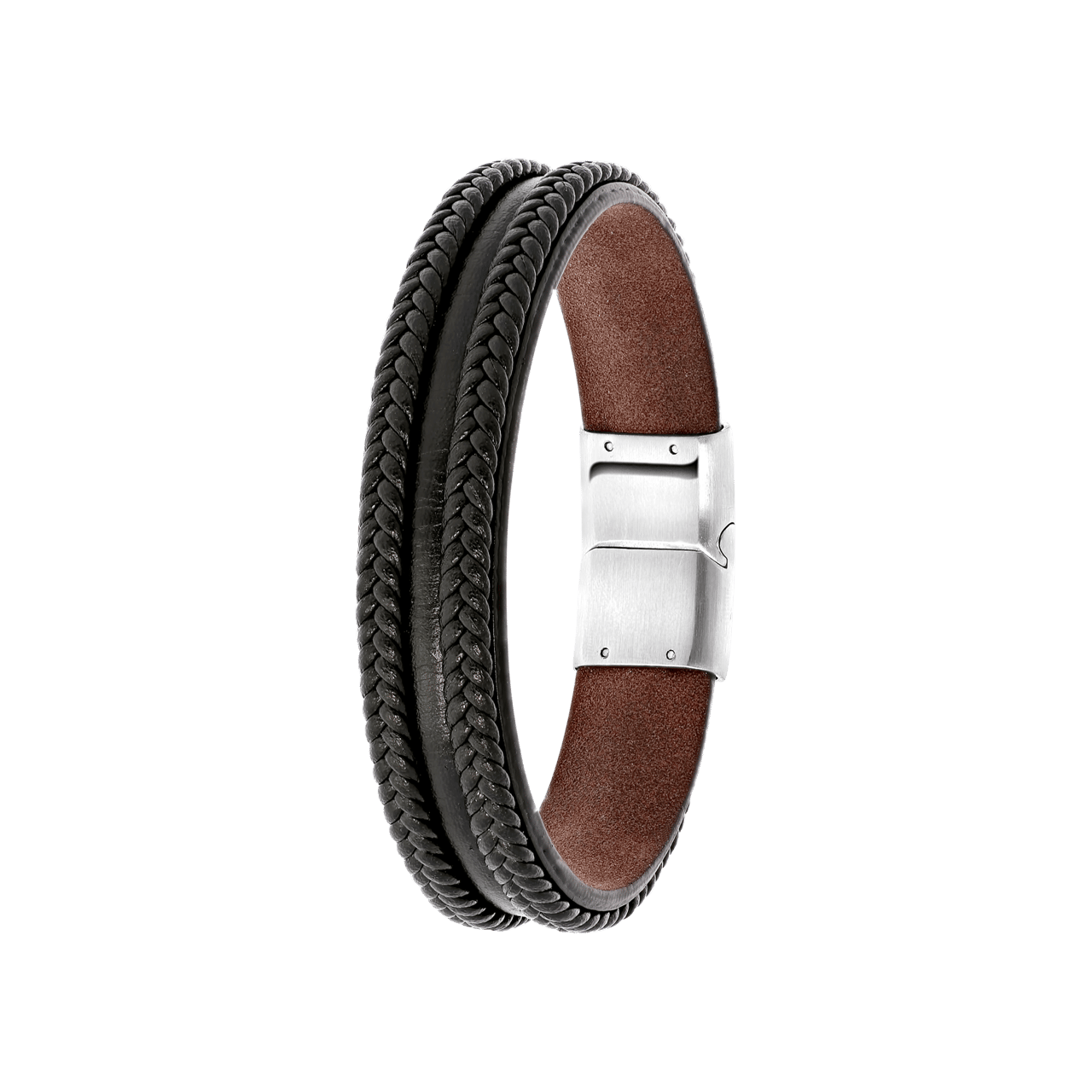 Gerecycled stalen armband zwart leer 2rijen gevlochten