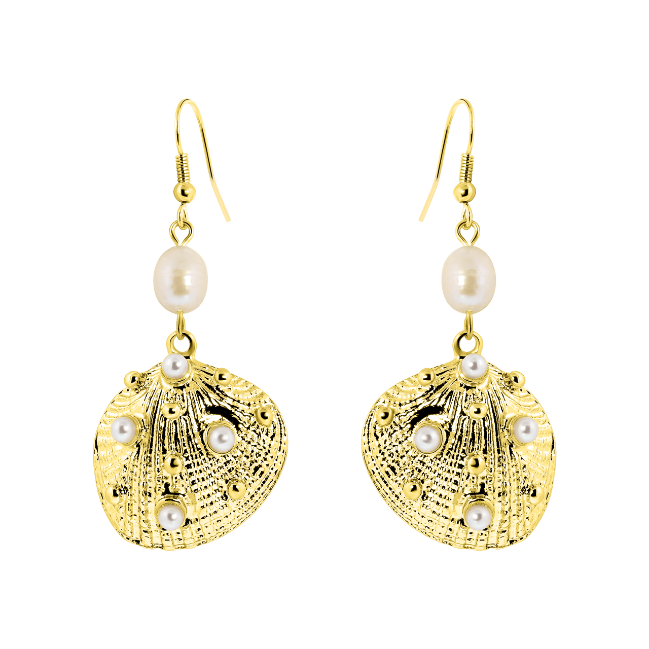 Goldfarbene Bijoux-Ohrringe mit Muschel und Perle