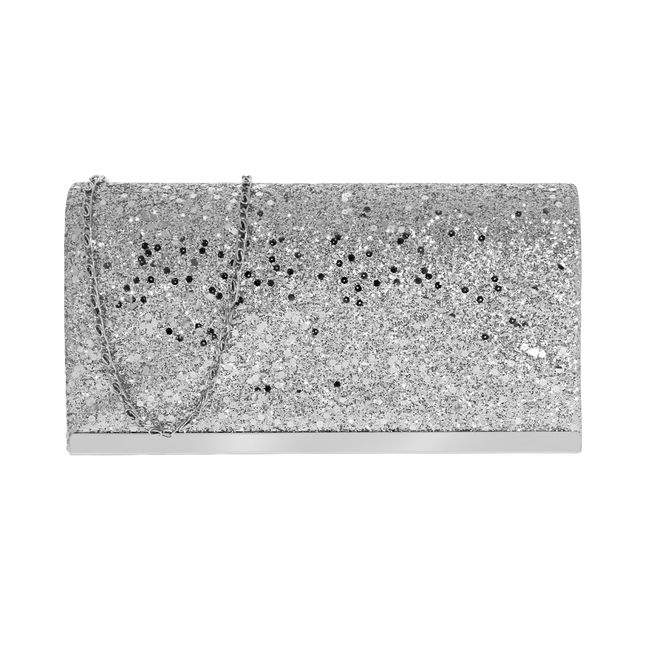 Silberfarbene Glitter-Clutch mit Tragekette