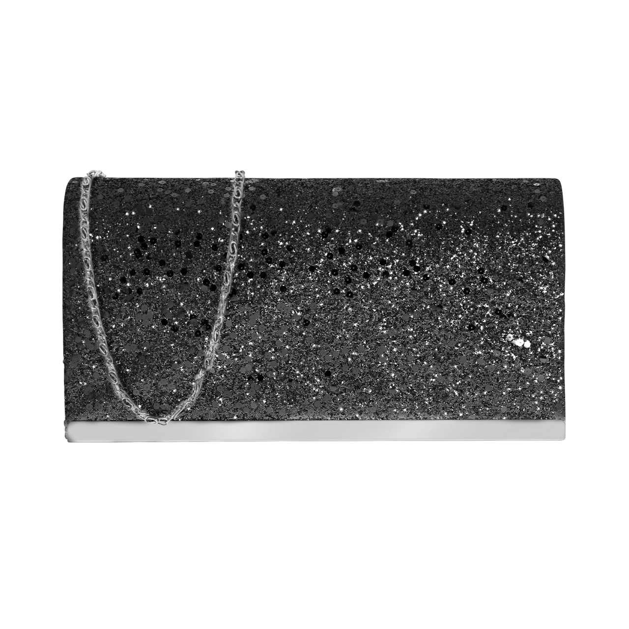 Schwarze Glitter-Clutch mit Tragekette