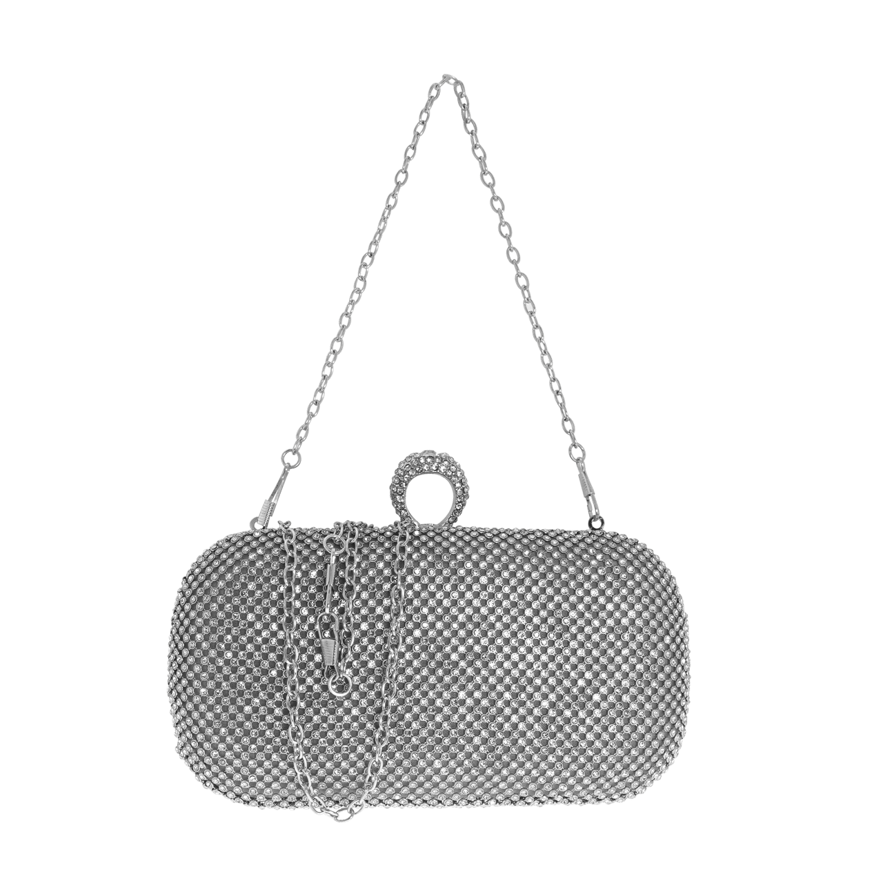 Silberfarbene Clutch mit Glitzersteinchen und Tragekette
